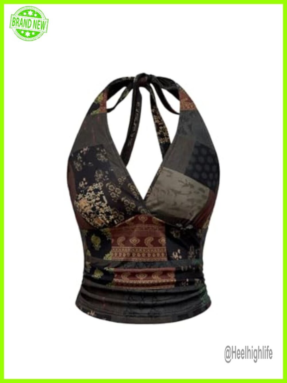 Boho Halter Crop Top Paisley Print Tie Knot Open Back V Neck Sleeveless Ruched